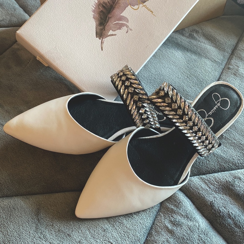 Jessica Simpson White Flats with Rhinestone Detail